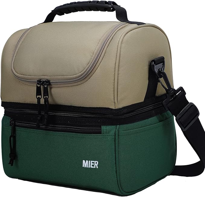 MIER Adult Lunch Box Insulated Lunch Bag Large Cooler Tote Bag for Men, Women, Double Deck Cooler （Army Green/Khaki, Large）