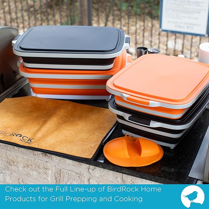BIRDROCK HOME Collapsible XL BBQ Prep Tub w/Cutting Board, Multi-Function Grill Caddy w/Colander & Lid, Portable Silicone Dish Bowl for Picnic, Tailgate, Camping - Orange