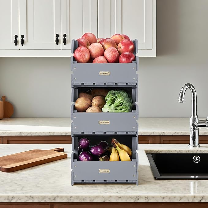 HABAU Wood Potato Onion Storage Bins - Wooden Stackable Produce Basket - Fruit Vegetable Storage for Kitchen Pantry Organization, Set 3 Pieces