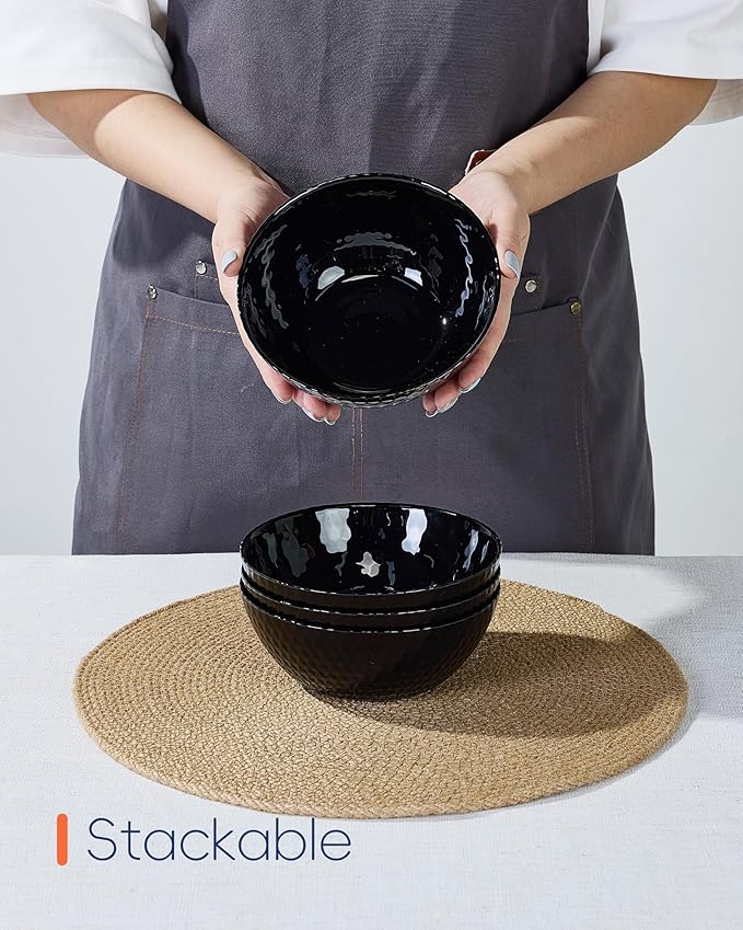20 OZ Max Black Opal Glass Cereal Bowl Set of 6, 6 inch Dishwasher & Microwave Safe Round Geometric Faceted Bowls for Kitchen, Salad, Soup and Rice