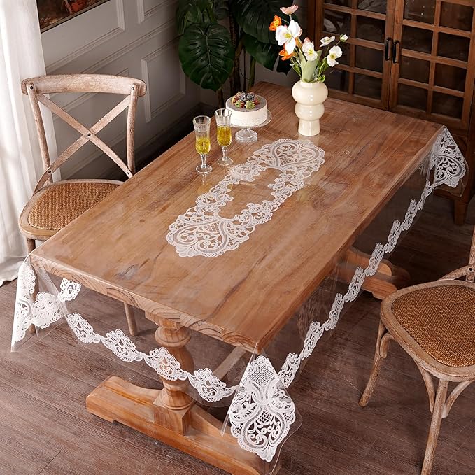 Clear Table Cover Protector Vinyl Table Cloth Rectangle Oil Spill Proof Vintage Rustic Plastic Table Covers for Dining Tables (White Lace, 60 x 84 Inches)