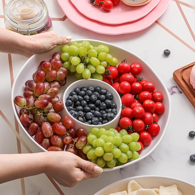 Chip and Dip Serving Set Divided Serving Platter Appetizers and Cheeses Serving Tray White Compartment Dishes for Party, Christmas, Dessert, Fruit, Candy, 13-inch Set of 2
