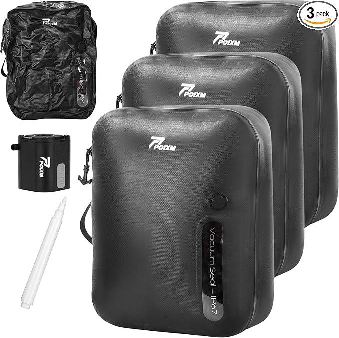Vacuum Bags for Travel with Wireless Pump, 180° Open Zipper, IP67 Waterproof, Reusable Space Saver Compression Bags for Backpack, Suitcase, Home Storage(3 Pack + Pump)