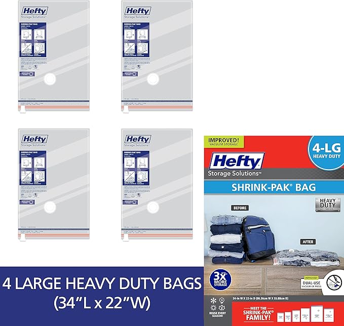 Hefty Vacuum Bags for Clothes 4 Pack, Space Saving Large Vacuum Storage Bags (34 X 22 Inches) Compression Seal for Bedding, Travel Pump Included (4 Large Heavy Duty)