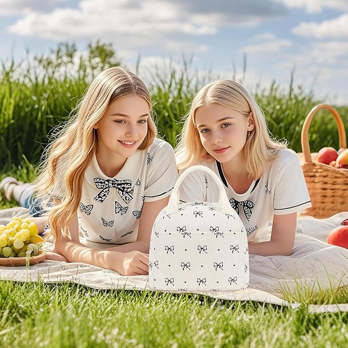 EurCross Cute Bow Tie Lunch Bag for Girls, Ivory Corduroy Insulated Lunch Bag for Two-Meal Space Perfect for School Days, Commuting, fits Bento Boxes, Round Containers, Designer Lunchboxes