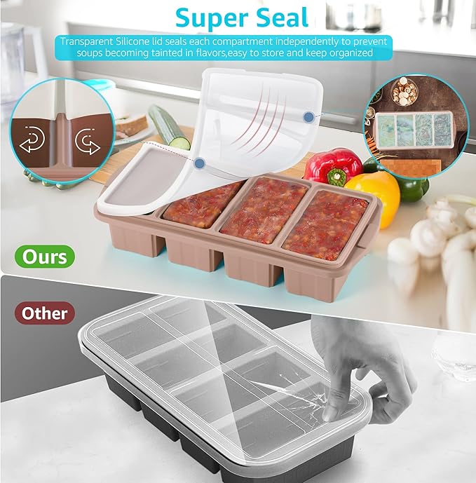 Silicone Freezer Tray With Lid - Silicone Freezer Food Molds- Large Ice Cube Tray,Silicone Freezer Container,Freeze & Store Soup, Sauce, Broth,Leftovers - Makes 4 Perfect 1 Cup
