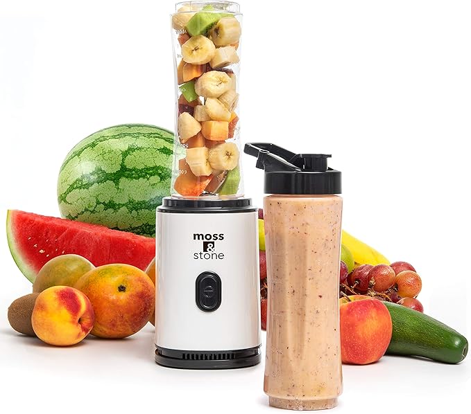 Moss & Stone Personal Blender Single Serve Shake & Smoothies Maker with Portable Travel Sport Bottle - Mini Juicer, White & Black Single Serve Blender for Smoothies and Shakes - Bottle 20 oz