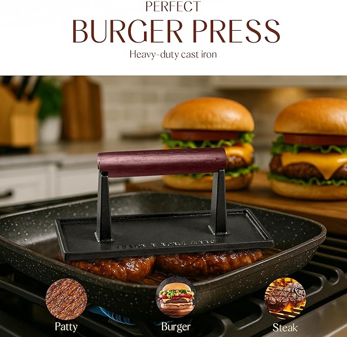 Bellemain Bacon Press Rectangle | Heavy-Duty Cast Iron Grill Press for Perfectly Seared Bacon, Steak & Sandwiches | Equalized Weight Distribution