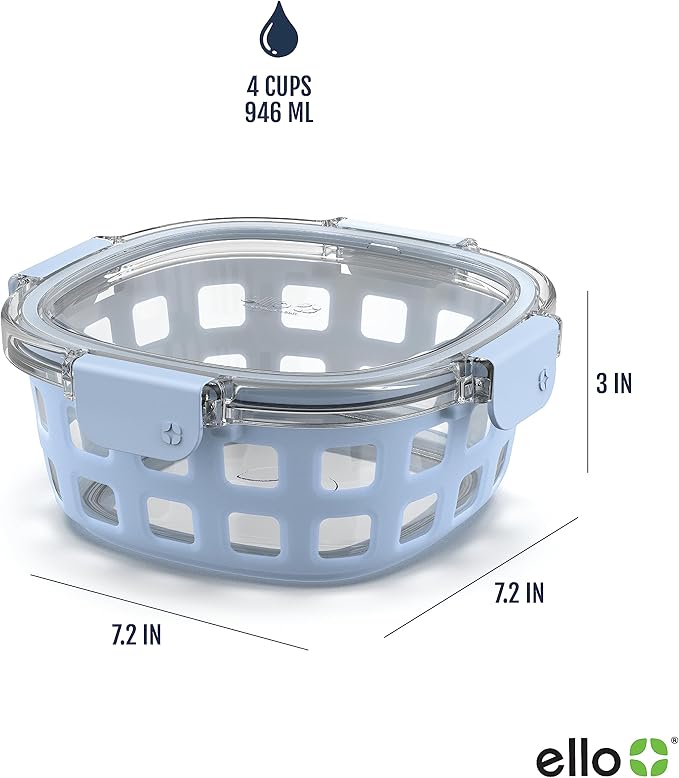 Ello Duraglass Meal Prep Container, 4 cup- Glass Food Storage Container with Silicone Sleeve and Airtight BPA-Free Plastic Lid, Dishwasher, Microwave, and Freezer Safe, Halogen Blue