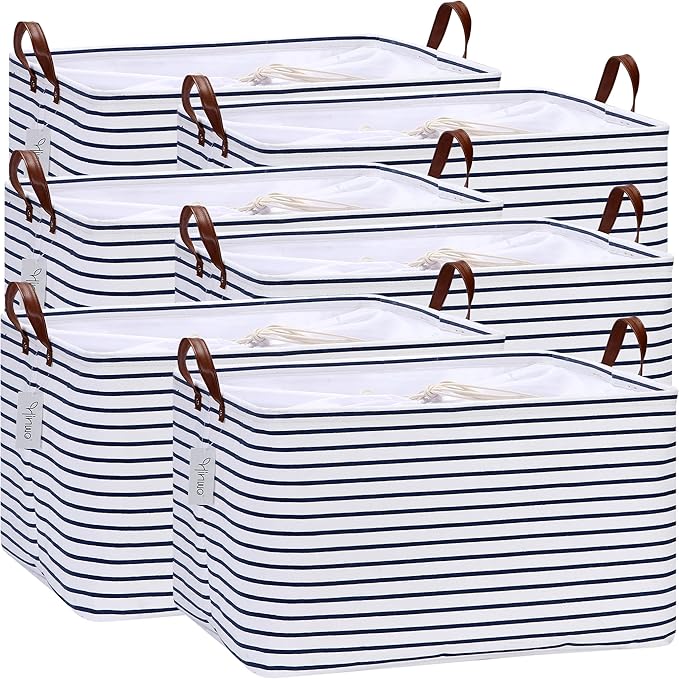 Hinwo 70L Extra Large Storage Bins, 6-Pack Closet Organizers and Storage, Foldable Clothes Storage Baskets with Handles, Containers for Clothing, Blanket, Comforters, Toys, Bedding (Navy Stripe)