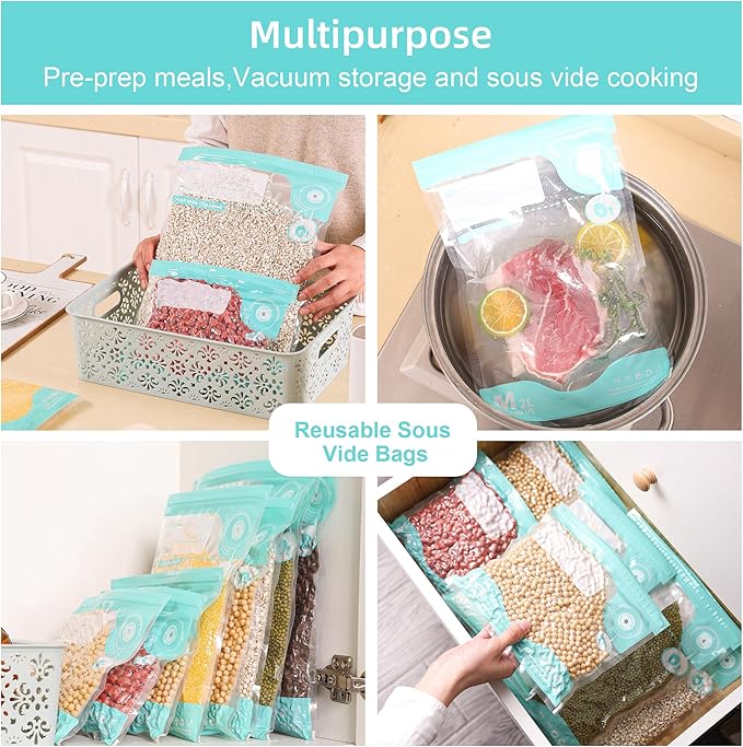 Sous Vide Bags Reusable, 20 PCS BPA Free Food Vacuum Sealer Bags, Double-sided 20C, Vacuum Zipper Bag for Sous Vide Cooking, 20pcs food storage bags & 4 Seal Clips (7.9x 11.8 Inch)