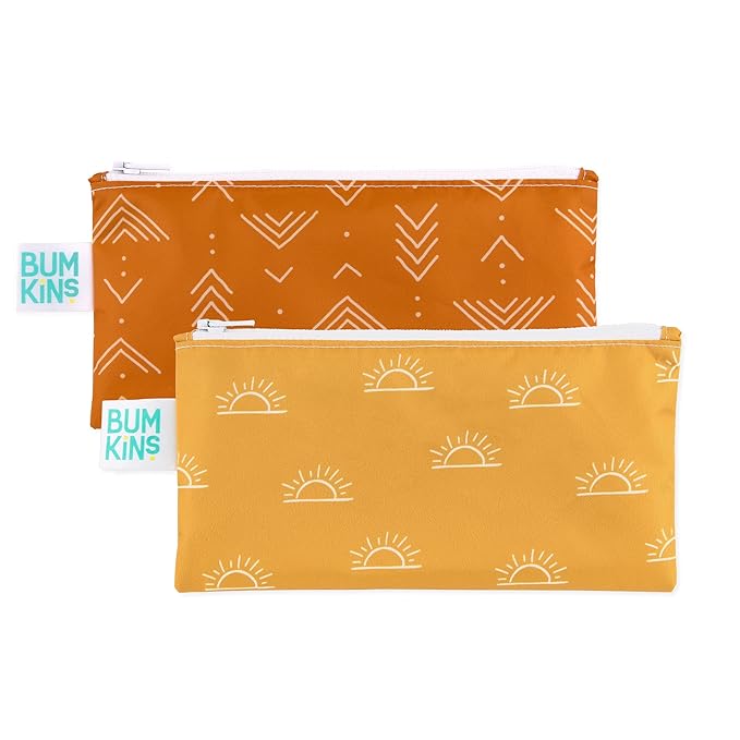 Bumkins Reusable Snack Bags, for Kids School Lunch and for Adults Portion, Washable Fabric, Waterproof Cloth Zip Bag, Supplies Travel Pouch, Food-Safe, 2-pk Desert Boho