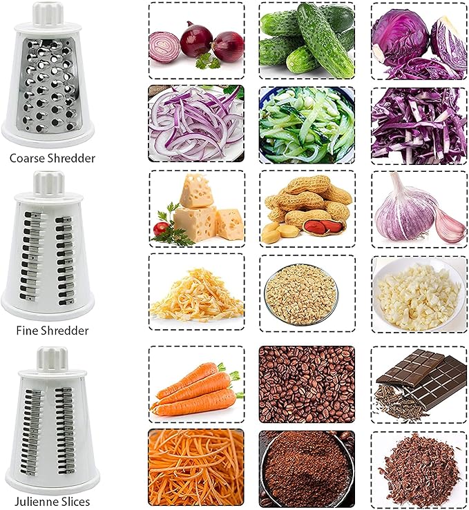 Rotary Cheese Grater Chopper Vegetable Cutter Slicer with Stainless Steel Drum Blades for kitchen, 5 in 1 Manual Round Mandoline Julienne Shredder Potato Grinder for Fruit, Nuts,Onion Green