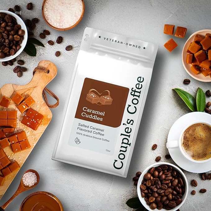 Couple’s Coffee Flavored Ground Coffee | Caramel Flavored Coffee | Gives Back to Military Families | Caramel Cuddles | Made with 100% Arabica Beans | 12oz