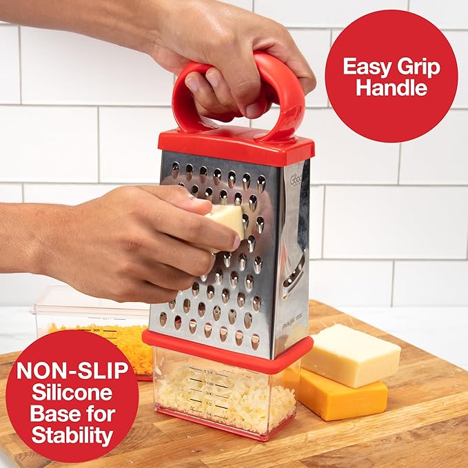 Box Cheese 4-Sided Grater w 2 Attachable Storage Containers w Lids- Mess-Free Shredder & Slicing - Stainless Steel, Soft Grip Handle, Non-Slip Base, Built-In Measurements- Thanksgiving Kitchen Gadget