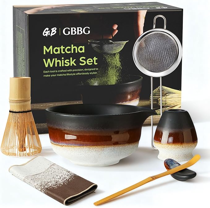 Matcha Whisk Set, Ceramic Matcha Set Desert Series, Matcha Bowl, Matcha Whisk and Holder, Bamboo Scoop, Scoop Rest, Sifter and Tea Towel 7 Pcs Matcha Kit for Birthday Christmas Gift (Matte Black)
