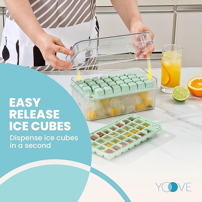 Yoove Ice Cube Tray with Lid and Bin | Press and Easy to Release Ice Cube Trays for Freezer | 2 Ice Tray, 60 refreshing Ice Cubes | Ice Molds for Fruits, Soda, Cocktails, Whiskey, Iced Coffee and Wine
