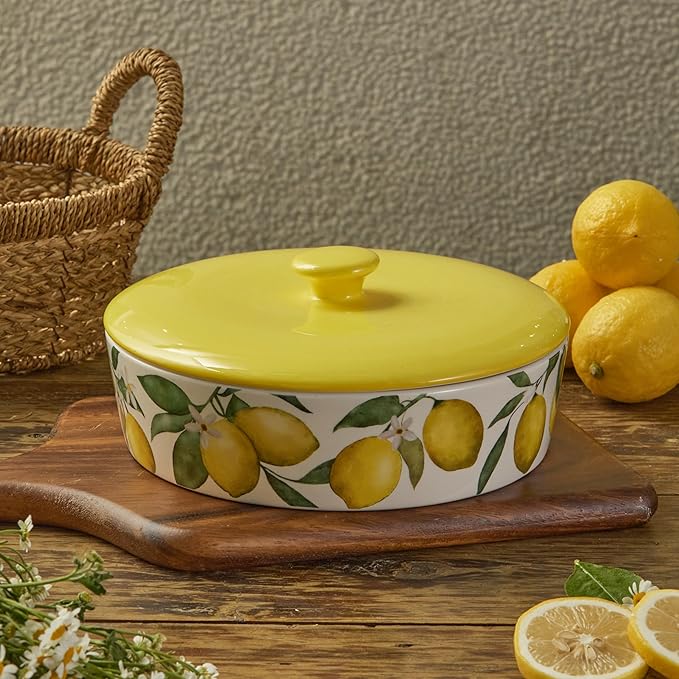 Bico Lemon Dreams Ceramic Tortilla Warmer, 8.9 Inch Tortilla Holder with Lid for Taco Bread Pancake for Mexican Night and Party, Microwave and Dishwasher Safe
