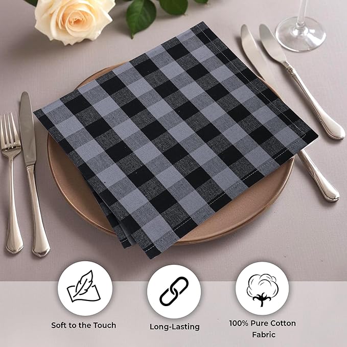 Urban Villa Cotton Dinner Napkins Set of 12, Highly Absorbent Soft Premium Cloth Napkins 20x20 Inches, Hotel Quality Reusable & Washable Table Dinner Napkins for Home - (Grey/Black, Buffalo Checkerd)