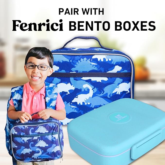 Fenrici Dinosaur Lunch Box for Boys, Kids, Kids' Lunch Box for School, Insulated Lunch Bag for Preschool, K-6, Soft Sided Compartments, Spacious, BPA Free, 10.8in x 8.5in x 2.8in, Dino, Blue