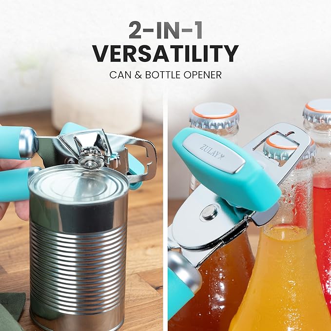 Zulay Kitchen Heavy Duty Stainless Steel Can Opener Manual with Bottle Opener - Rust Proof Manual Can Opener With Turn Knob & Soft Grip Handles
