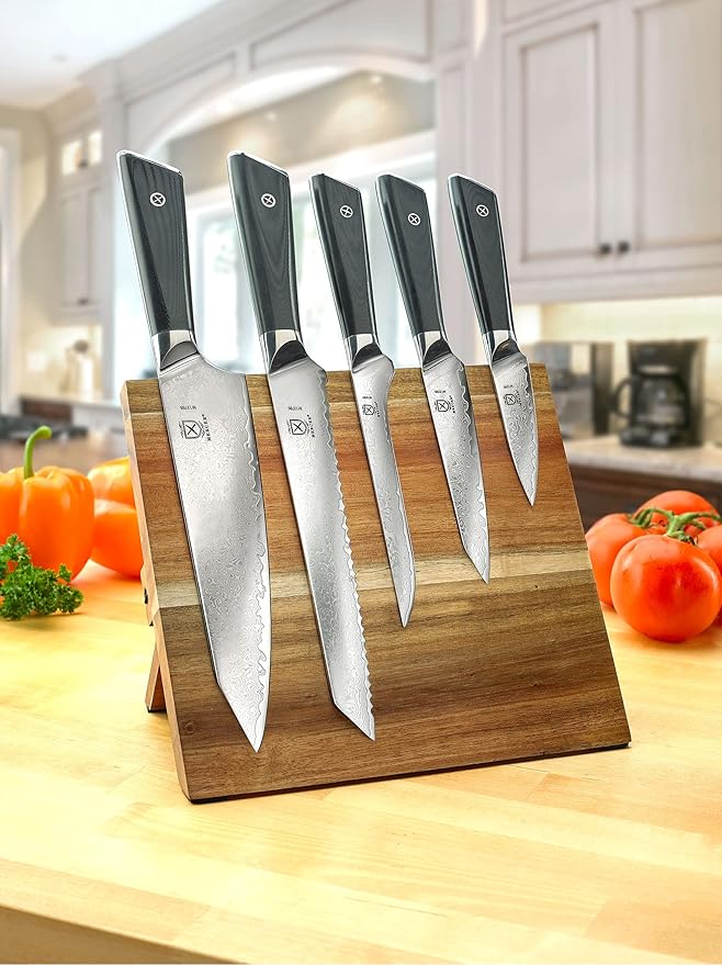 Mercer Culinary Premium Grade Super Steel 6-Piece Knife Set with Magnetic Acacia Stand, G10 Handles