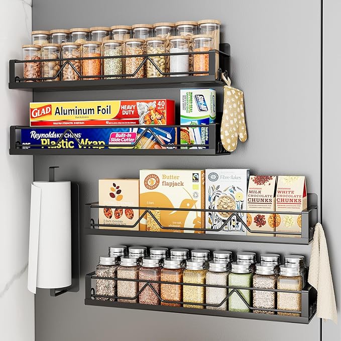 16.9 Inch Wide Large Capacity Magnetic Spice Rack for Refrigerator, 5 Pack Metal Fridge Shelf, Black