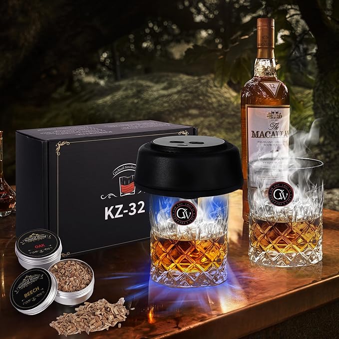 Electric Whiskey Smoker Kit with 6 LED Lights & Rechargeable Built-in Lighter, No Butane Needed, 6 Flavored Wood Chips for Old Fashioned Cocktail Smoker - for Father's Day Gifts for Men, Dad, Husband