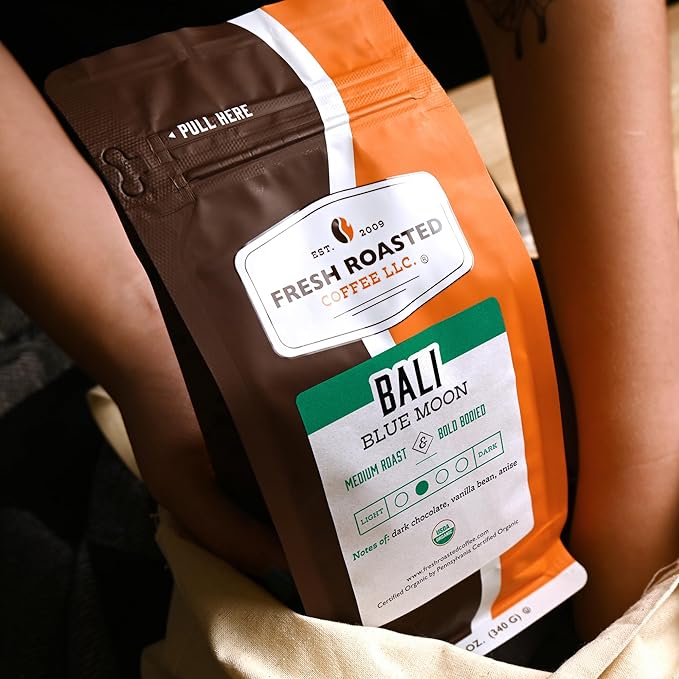 Fresh Roasted Coffee, Organic Bali Blue Moon | USDA Organic, Kosher | Medium Roast 12 oz Whole Bean