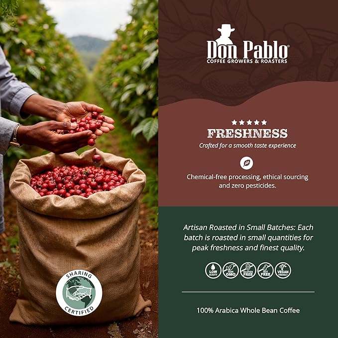 2LB Don Pablo Gourmet Coffee - Signature Blend - Medium Dark Roast - Whole Bean Coffee - 100% Arabica Beans - Low Acidity and Non-GMO - 2lb bag