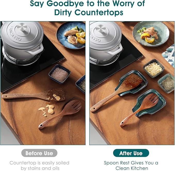 vancasso Stern Spoon Rest for Kitchen, Square Ceramic Spoon Holder for Stove Top, Heat Resistant Utensil Rest for Countertop, Dishwasher Safe, Kiln Green, 2 Pack