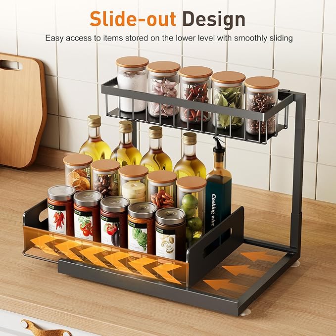Under Sink Organizer,Metal Pull Out Cabinet Organizer Shelf,Kitchen Bathroom Organizers with Sliding Drawer,Storage Shelves,Storage and Organization for Home,Laundry,RV,Pantry,Spice,Black,2 Pack