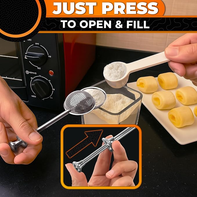 Flour Shaker Duster – 304 Stainless Steel Flour Duster for Bread Baking with Spring Handle – Cocoa, Cinnamon, Spices & Powdered Sugar Shaker Duster with One-Handed Operation | Dishwasher Safe