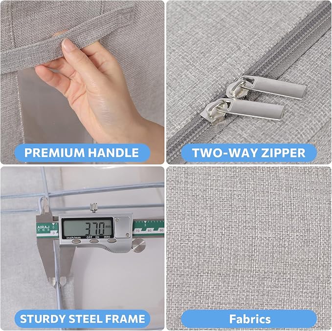 CYhom Clothes Storage Bins Box - Linen Fabric Foldable Stackable Container Organizer Set with Clear Window & Carry Handles & Metal Frame (Light Grey, Medium-36L)