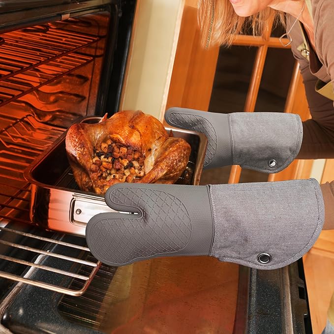 Professional Microwave Silicone Oven Mitts one Pair, Kitchen Mitten Set for Heat Resistant with 500 Degrees, Kitchen Gloves Pot Holder for BBQ Cooking Baking (Khaki)