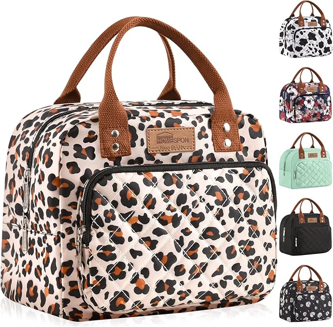HOMESPON Lunch Bag for Woman Man Adults with Front Pocket Insulated Lunch Tote Lunch Box Container for Work Picnic or Travel(Leopard)