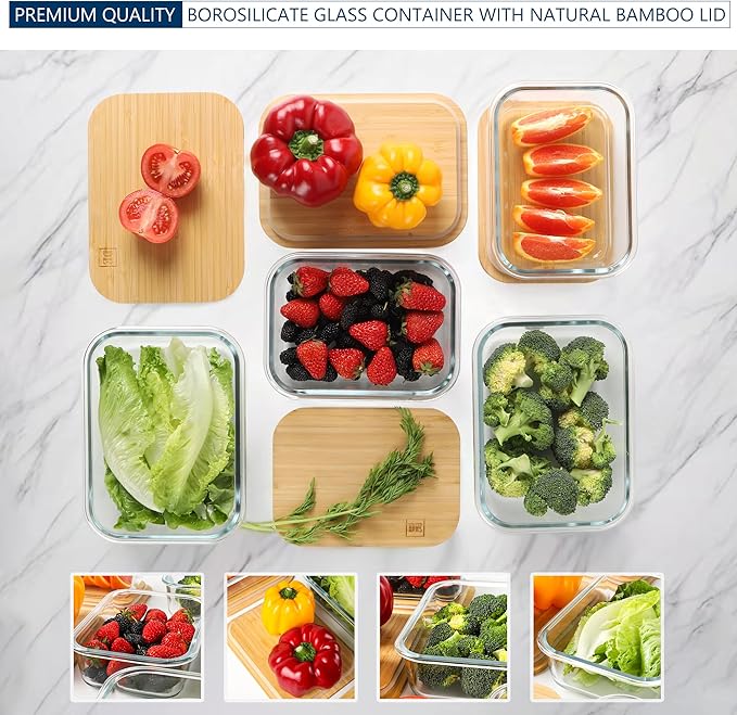 DE Plastic-Free Glass Storage Containers (3-Pack, 51oz) with Bamboo Lids – Eco-Friendly, Airtight, Reusable – Oven, Microwave & Dishwasher Safe – BPA-Free & Sustainable.