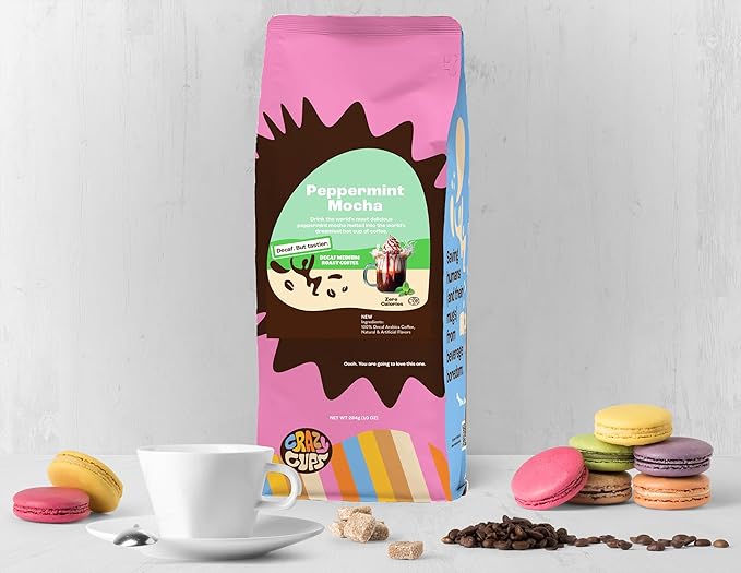 Crazy Cups Flavored Ground Decaf Peppermint Coffee, Decaffeinated Peppermint Mocha Coffee in 10 oz Bag, For Brewing Flavored Hot or Iced, (Pack of 1)