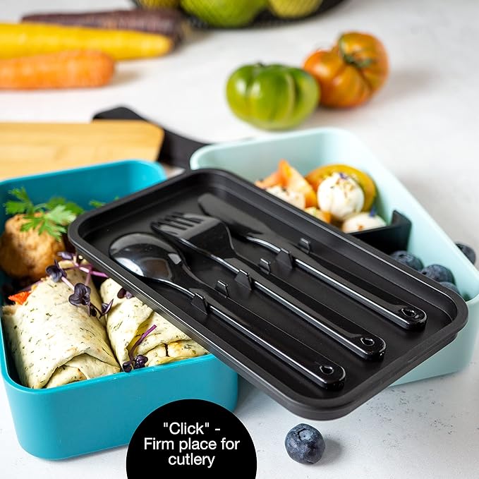 Premium Bento Box for Adults Blue – 2-Tier 46 oz Lunch Container Box with Bamboo Lid, BPA-Free & Leakproof, Microwave & Dishwasher Safe, Includes Food Divider & Cutlery – Ideal for Work & Travel