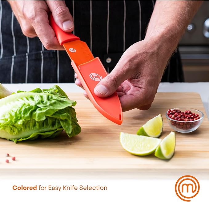 MasterChef Kitchen Knife Set with Covers incl. Paring, Boning, Carving, Bread, Santoku & Chef Knife, Sharp Cutting Stainless Steel Blades with Sheaths, 12 Piece (6 Colored Kitchen Knives & 6 Covers)
