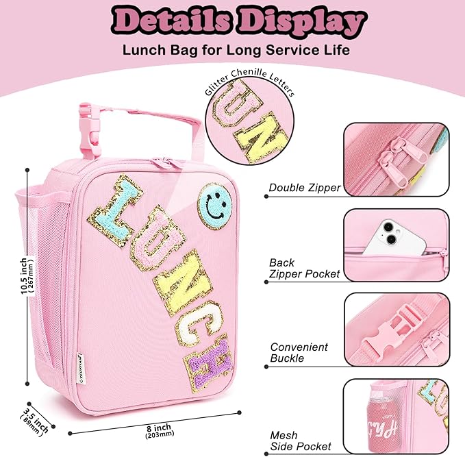 FlowFly Lunch box Insulated Soft Bag Mini Cooler Back to School Thermal Meal Tote Kit With Buckle and Mesh Side Pocket for Girls, Boys, PinkWithLetter