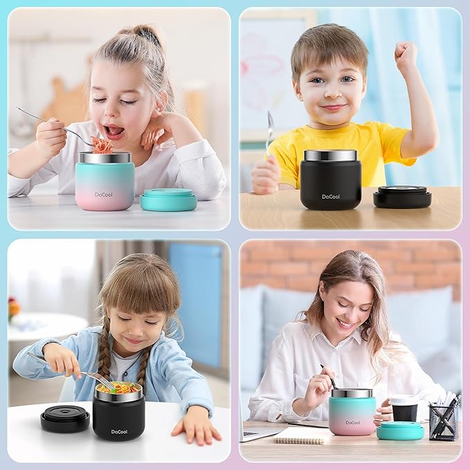 DaCool Kids Thermo for Hot Food Vacuum Stainless Steel Insulated Food Jar 13 OZ Kids Food Thermo Insulated Lunch Container Bento for School Picnic Travel Outdoors,LeakproofBPA Free, Black