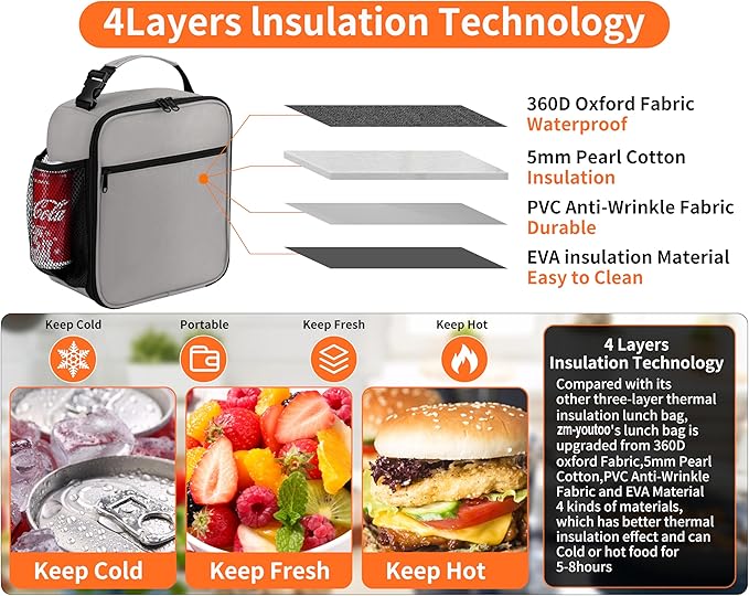 Lunch Box for Men - Reusable Lunch Bag Men Adult Women- Insulated Small LunchBox (Light Gray)