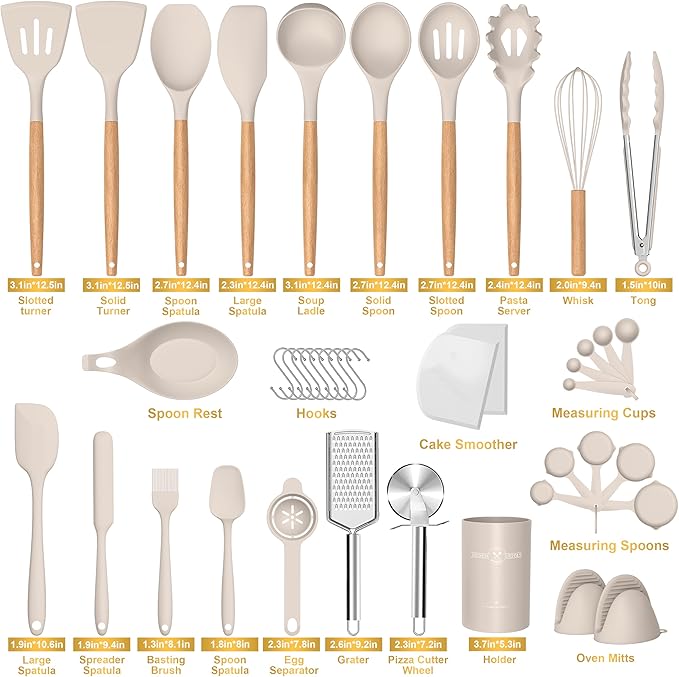 Silicone Cooking Utensils Set, 43Pcs Non-Stick Heat Resistant Kitchen Utensils Spatula Set with Wooden Handle for Baking, Cooking, and Mixing, Best Kitchen Gadgets Tools with Holder (Khaki)