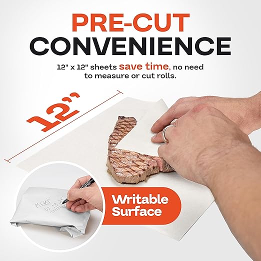 White Butcher Paper Sheets 12" x 12", Pack of 50 - USA-Made Natural Precut Butcher Paper for Smoking, Grilling & BBQ - Unwaxed, Uncoated, Untreated Food Wrapping Sheets for Cooking by IDL Packaging