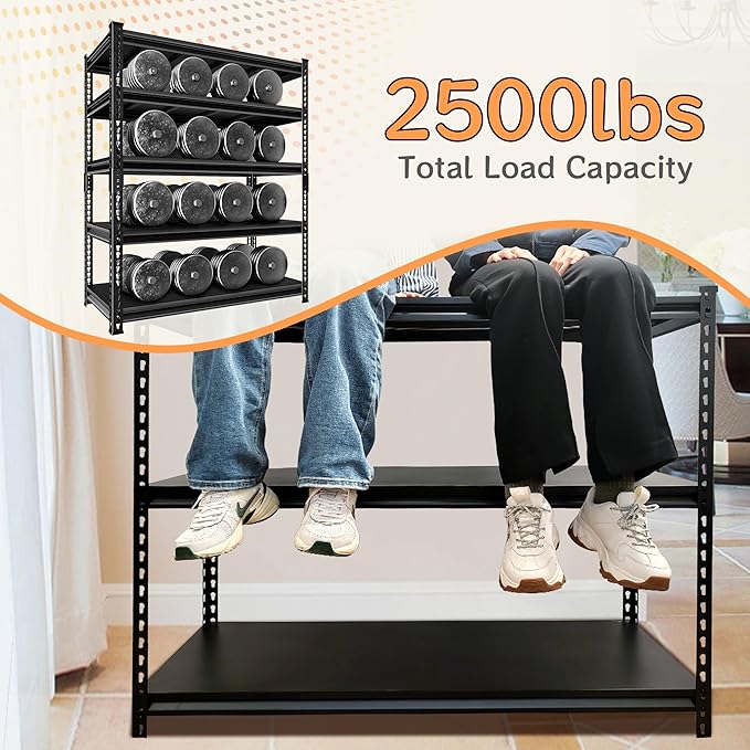 Adjustable Shelving Units and Storage, 48”W Garage Shelving Heavy Duty,2500LBS Loads 5-Tier Garage Storage Shelves, Metal Shelves for Living Room,Pantry,48”W×18”D×78”W,Black