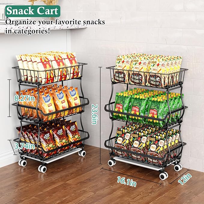 3-Tier Rolling Pantry Floor Organizer and Storage Cart with Wheels, Stackable Wire Pantry Baskets for Pantry Shelves, Kitchen Fruit Basket Stand and Storage Rack for Fruit Snack Onion Potato