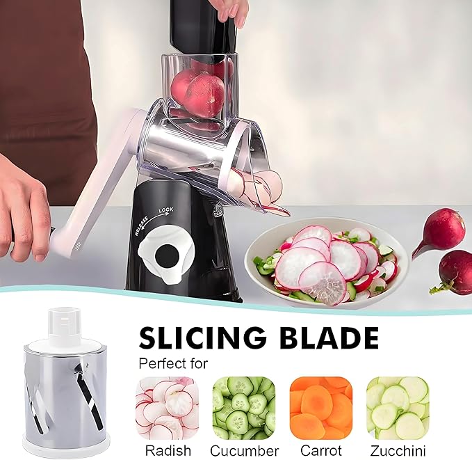 Rotary Cheese Grater, Cheese Grater Hand Crank, With Suction Base, Easy Cleaning With 3 Stainless Steel Interchangeable Drum Blades, Black