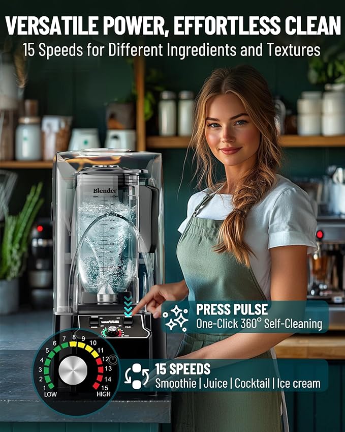 WantJoin Professional Commercial Blender With Shield Quiet Sound Enclosure 2200W Industries Strong and Quiet Professional-Grade Power, Self-Cleaning, Black