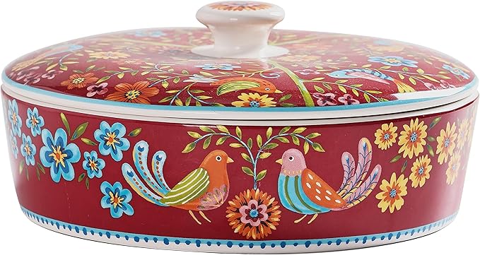 Bico Red Spring Bird Ceramic Tortilla Warmer, 8.9 Inch Tortilla Holder with Lid for Taco Bread Pancake for Mexican Night and Party, Microwave and Dishwasher Safe